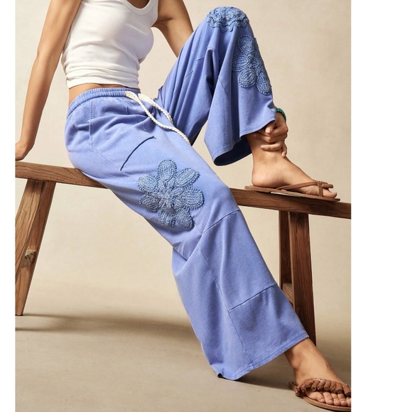 Boho Floral Patch Stretchy Drawstring Waist Wide Leg Pants - Picture 2 of 6